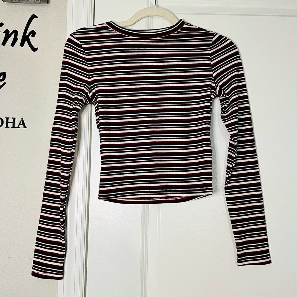 Round Neck Striped Rib-knit Top Burgundy/Black/White Womens Long Sleeve Size XS